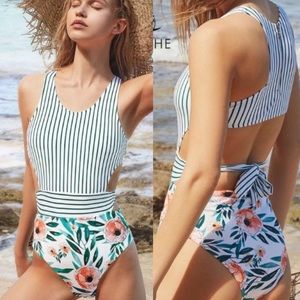 One piece swim suit stripped floral Cupshe